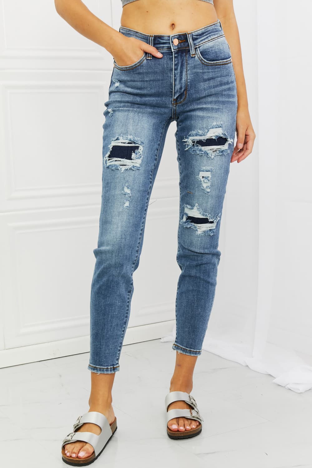 Judy Blue Dahlia Full Size Distressed Patch Jeans Medium Jeans JT's Designer Fashion
