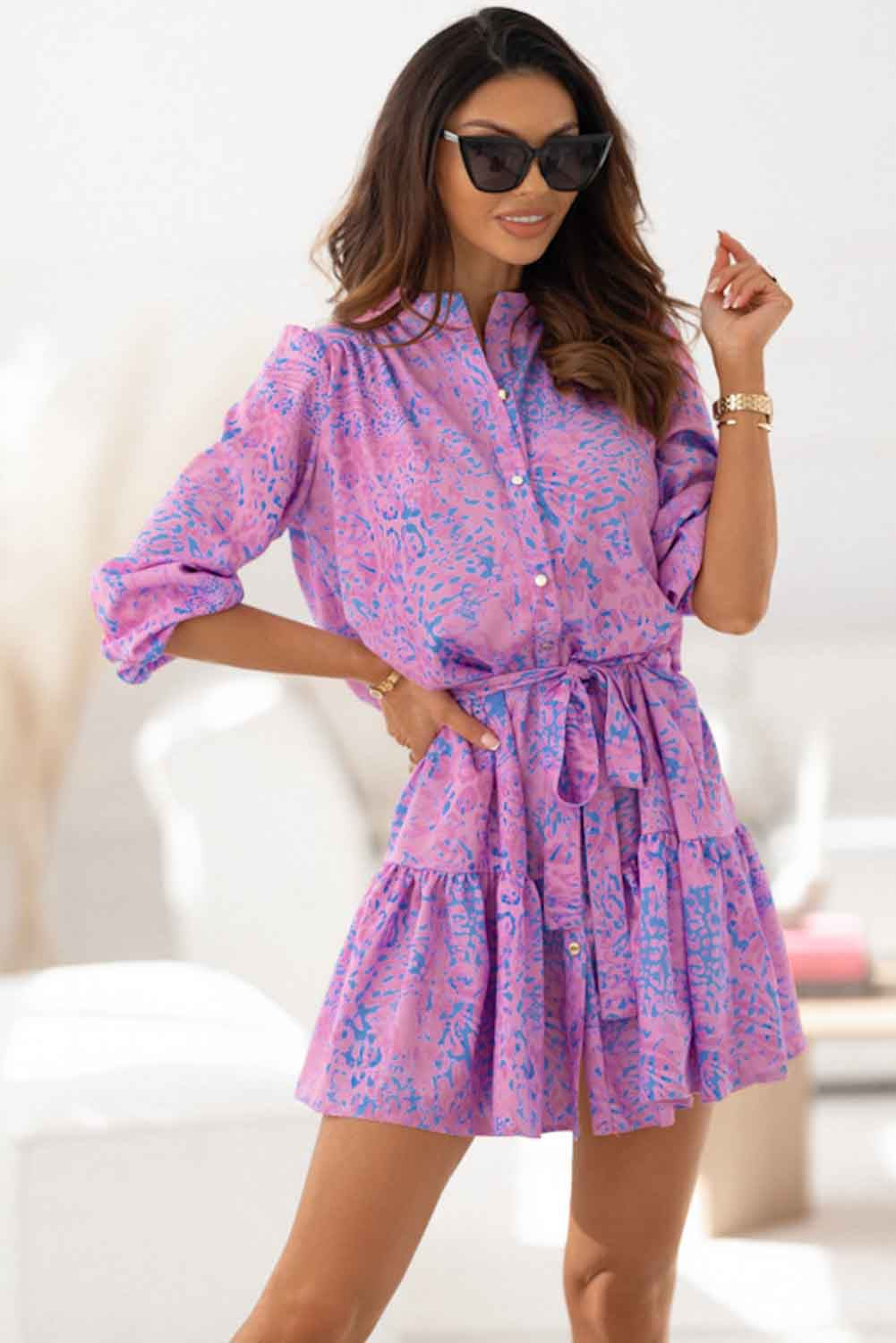 Purple Leopard Print Long Sleeve Shirt Dress Dresses JT's Designer Fashion