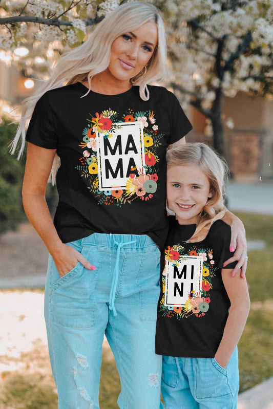Black Mothers Day Gift Floral Print Mommy T Shirt Black 95%Cotton+5%Elastane Family T-shirts JT's Designer Fashion
