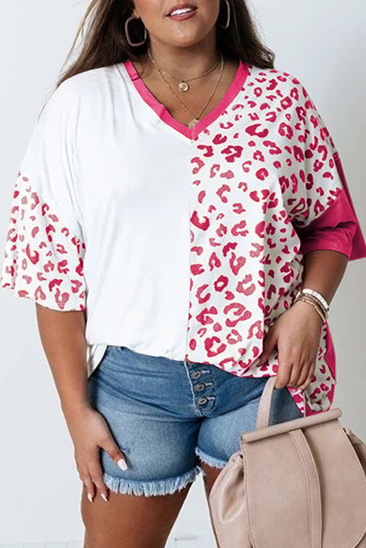 Rose Plus Size Leopard Patchwork Short Sleeve Top Plus Size Tops JT's Designer Fashion