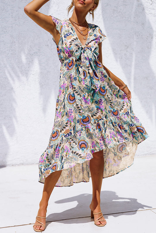 Multicolor Boho Floral Print Self-tie High Waist Long Dress Multicolor 100%Polyester Maxi Dresses JT's Designer Fashion
