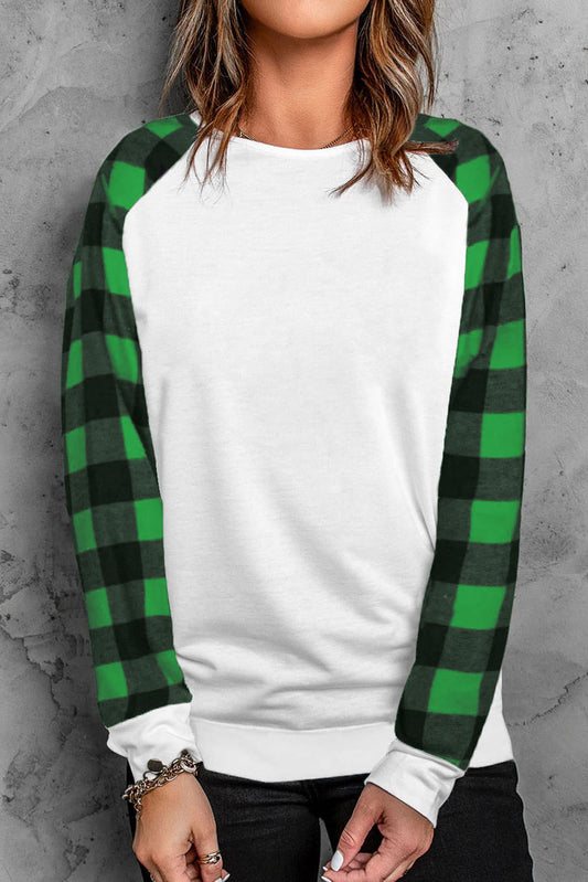 Green Buffalo Plaid Long Sleeve Sweatshirt Green 95%Polyester+5%Spandex Sweatshirts & Hoodies JT's Designer Fashion