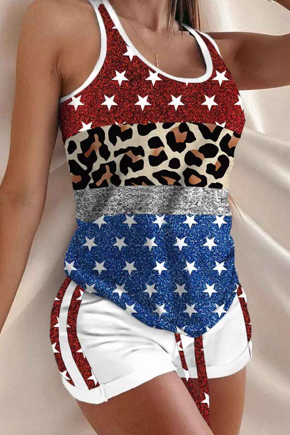 Multicolor American Flag Leopard Glitter Racerback Tank and Shorts Lounge Set Bottoms JT's Designer Fashion