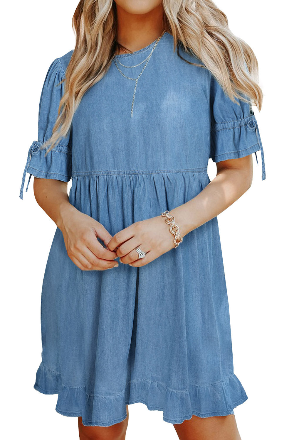 Blue High Waist Ruffled Denim Dress Mini Dresses JT's Designer Fashion