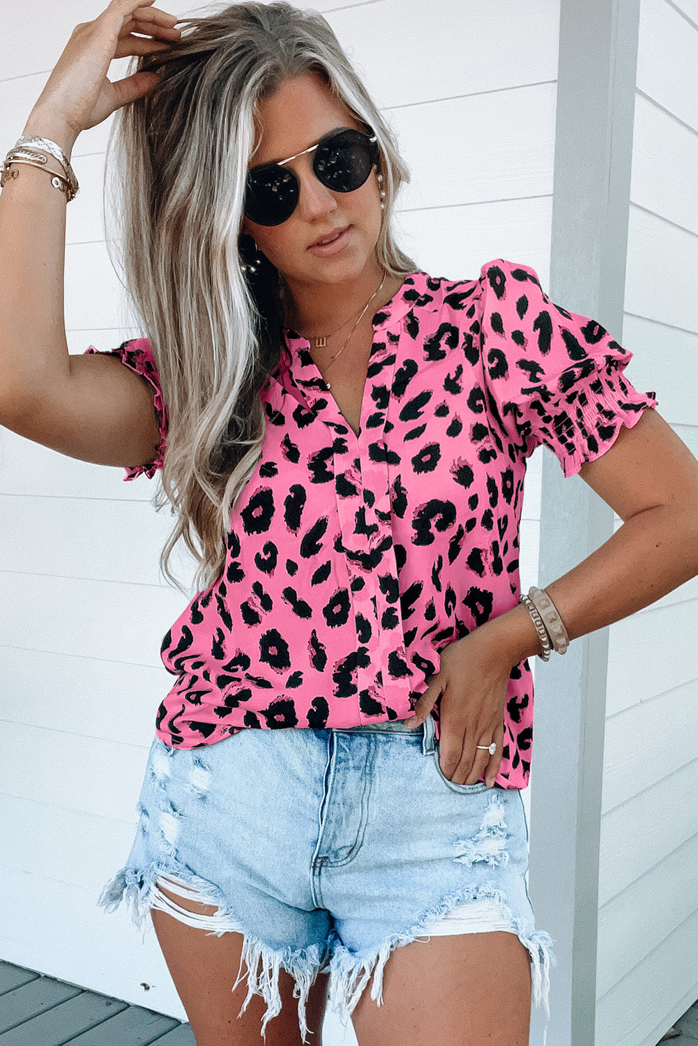 Barbie Style Pink Leopard Notch Neck Bubble Sleeve Blouse Blouses & Shirts JT's Designer Fashion