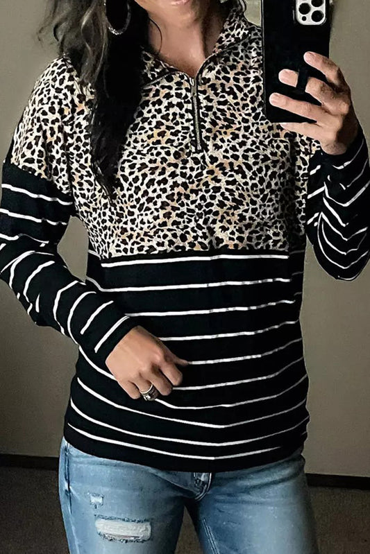 Leopard Striped Zipper Pullover Sweatshirt Stripe 95%Polyester+5%Elastane Sweatshirts & Hoodies JT's Designer Fashion