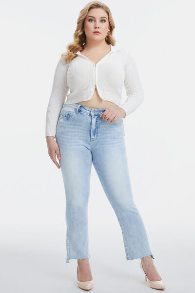BAYEAS Full Size High Waist Raw Hem Washed Straight Jeans WAVE Jeans JT's Designer Fashion