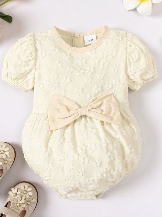 Baby Girl Floral Bow Detail Round Neck Bodysuit Beige Baby JT's Designer Fashion