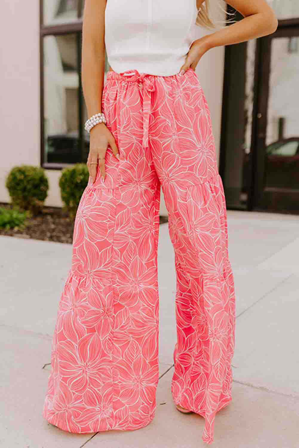 Pink Bohemian Floral Print Wide Leg Pants Bottoms JT's Designer Fashion