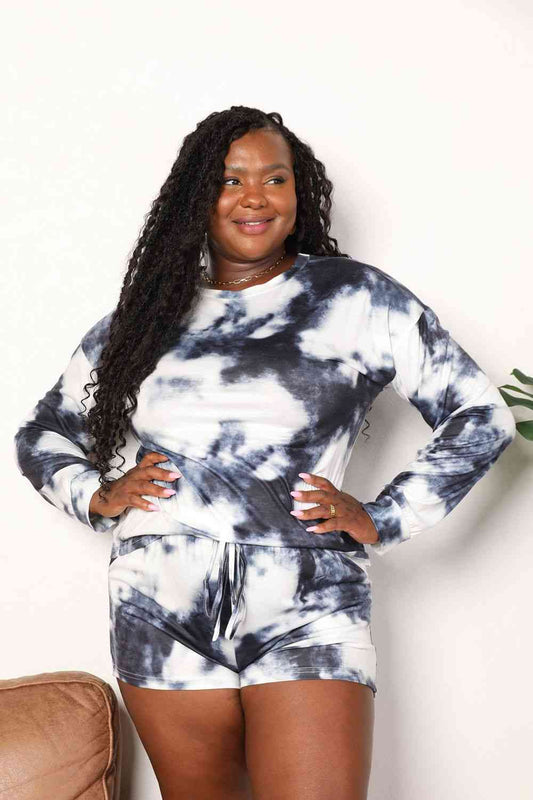 Double Take Tie-Dye Round Neck Top and Shorts Lounge Set Charcoal Lounge Sets JT's Designer Fashion