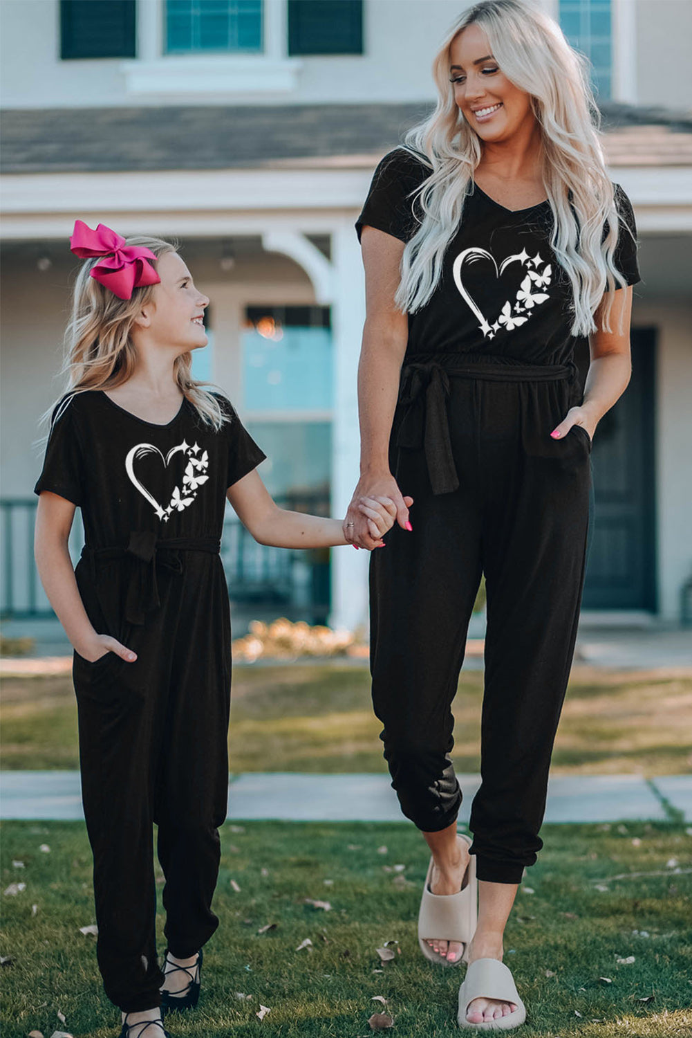 Family Matching Butterfly Heart Print Belted Short Sleeve Girl's Jumpsuit Family Bottoms JT's Designer Fashion