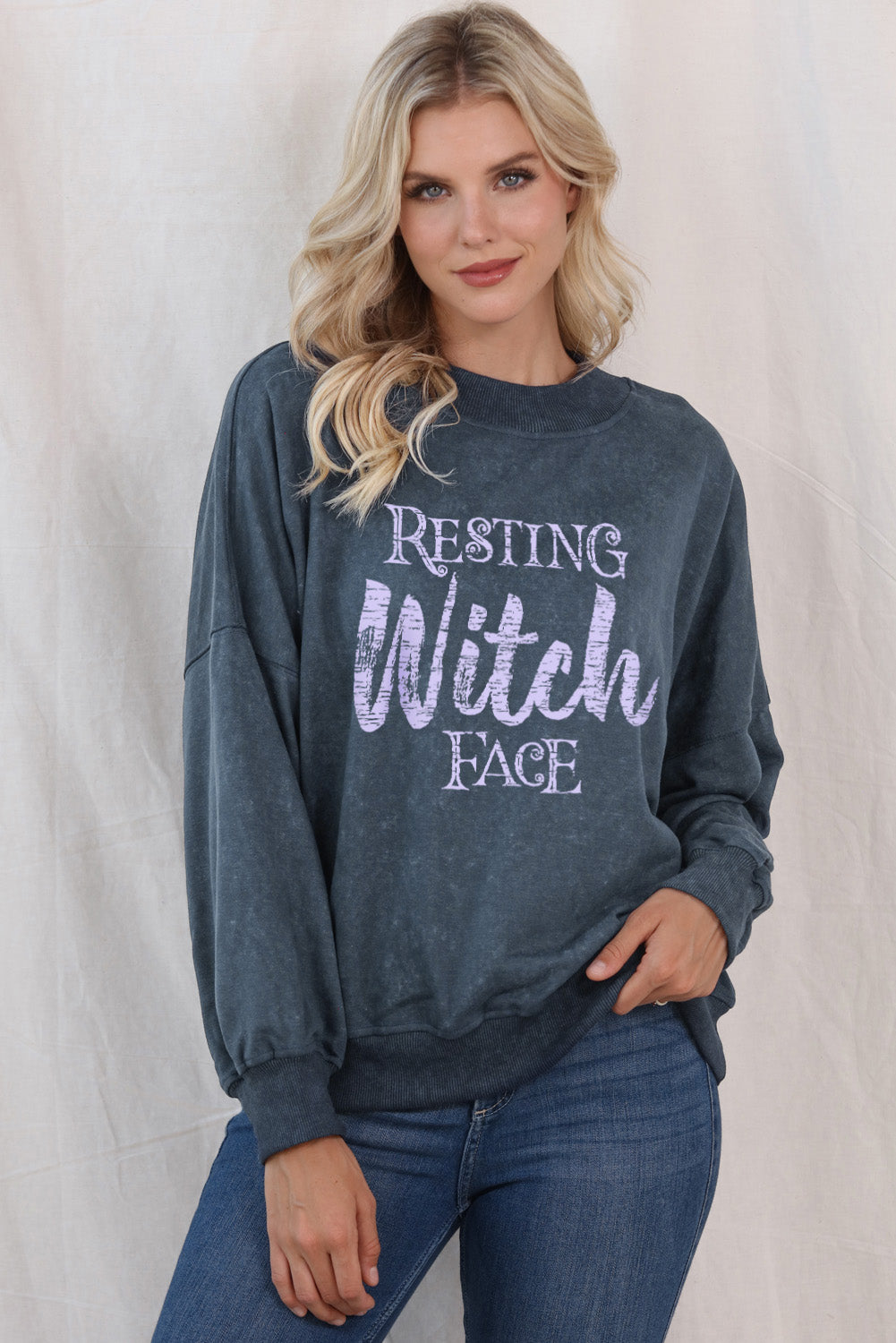 Sky Blue Resting Witch Face Graphic Drop Shoulder Sweatshirt Graphic Sweatshirts JT's Designer Fashion