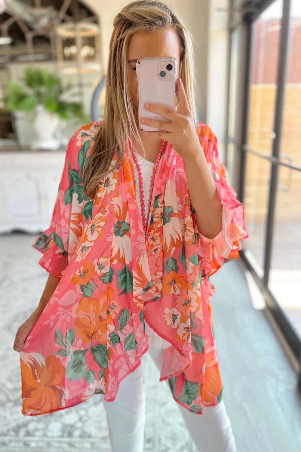 Pink Floral Print Ruffled 3/4 Sleeve Loose Fit Kimono Kimonos JT's Designer Fashion