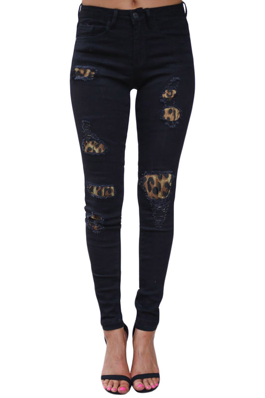 Leopard Patch Detail Black Distressed Jeans Black 75% cotton+23% polyester+2% span Jeans JT's Designer Fashion