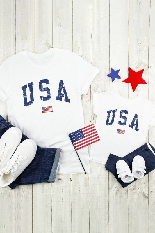Mother and Me USA Flag Pattern Printed Short Sleeve Girl's T Shirt White 95%Polyester+5%Elastane Family T-shirts JT's Designer Fashion