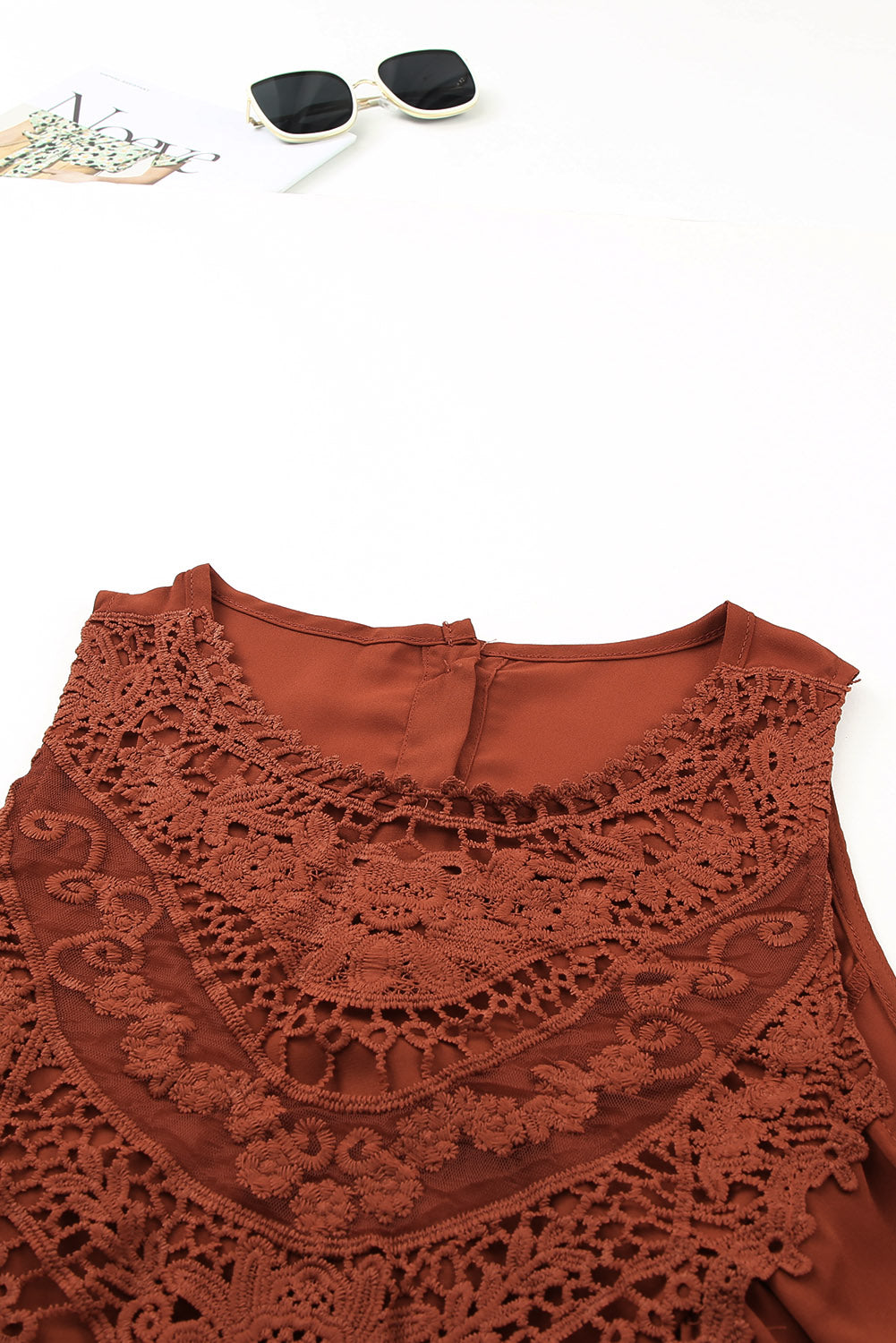 Brown Lace Detail Buttons Back Sleeveless Top Tank Tops JT's Designer Fashion