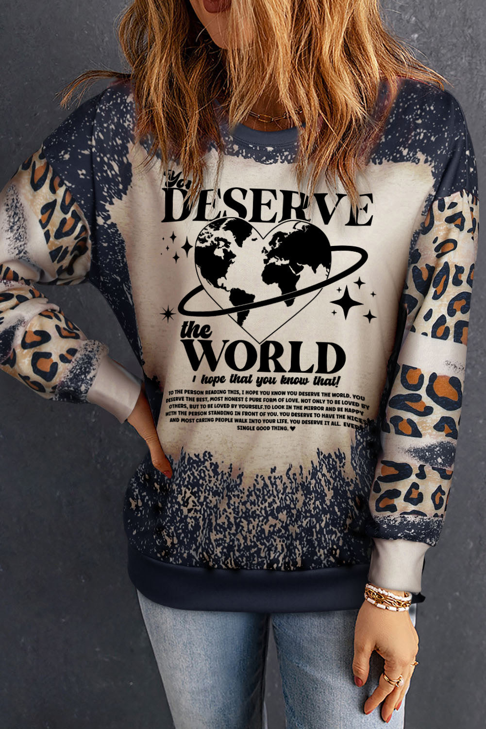 Black you DESERVE the WORLD Slogan Leopard Tie Dye Sweatshirt Black 95%Polyester+5%Elastane Graphic Sweatshirts JT's Designer Fashion
