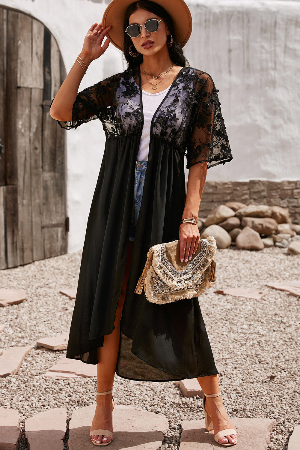 Black Floral Mesh Lace Crochet Open Front Kimono Kimonos JT's Designer Fashion