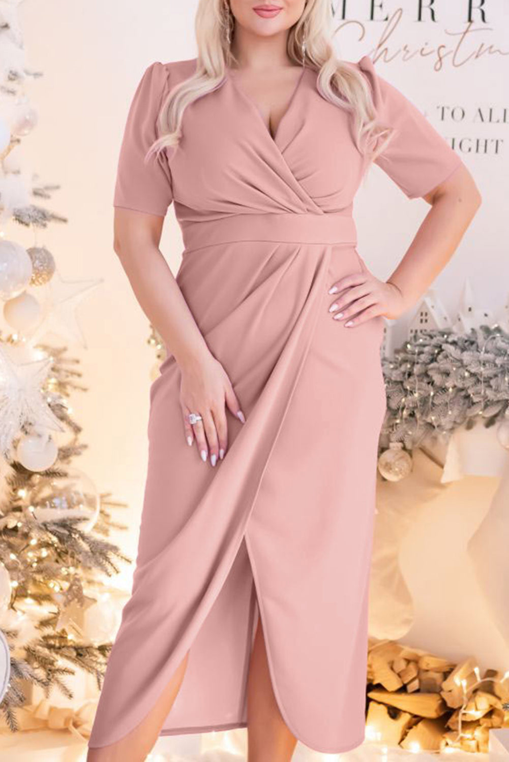 Pink Plus Size Wrap V Neck Slit Hem Midi Dress Plus Size Dresses JT's Designer Fashion