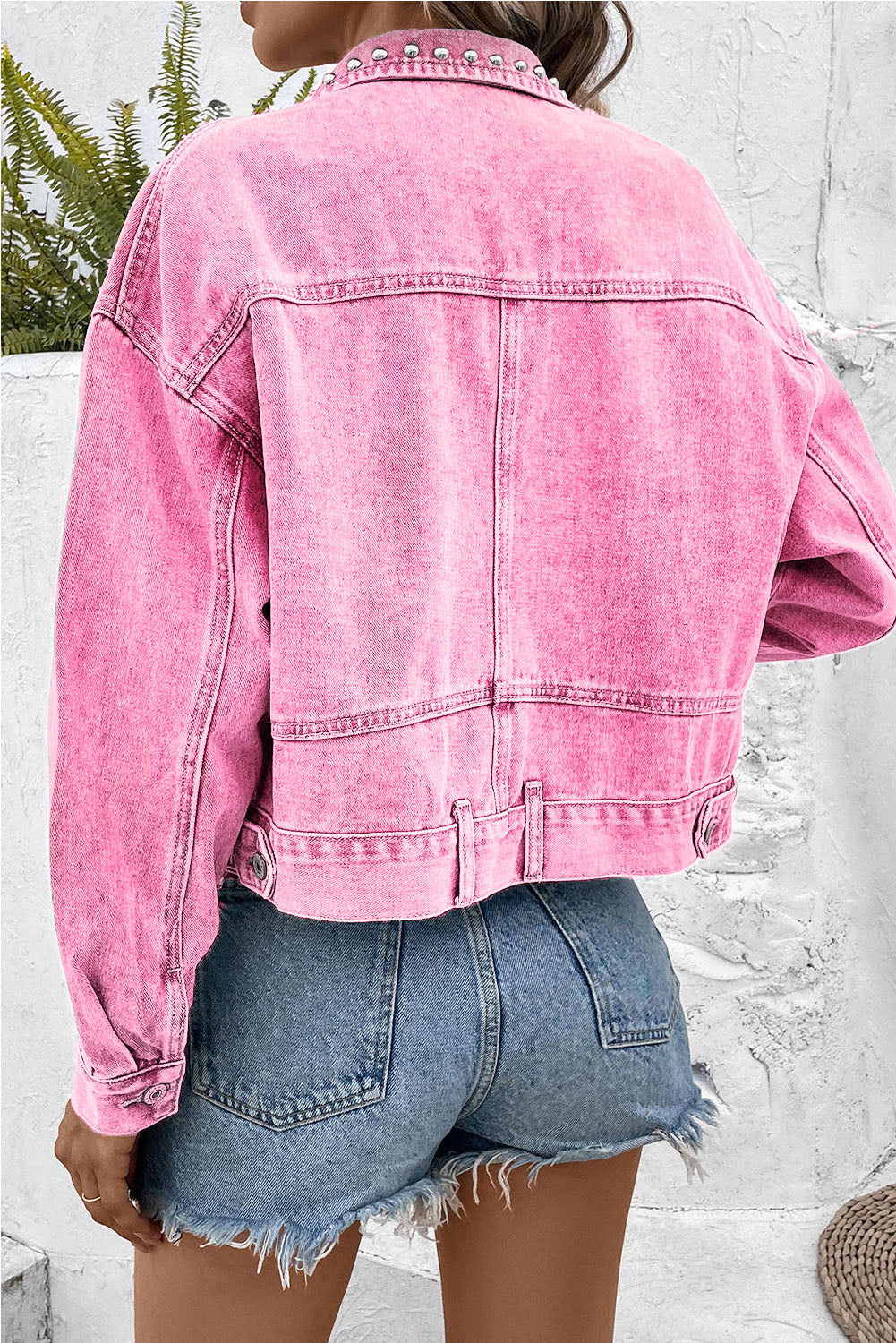 Barbie Style Pink Rivet Studded Pocketed Denim Jacket Outerwear JT's Designer Fashion