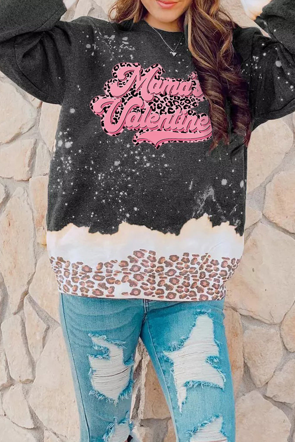 Black Mamas Valentine Leopard Bleached Sweatshirt Graphic Sweatshirts JT's Designer Fashion