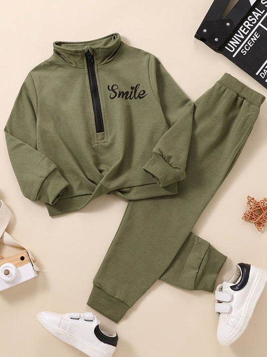 Kids SMILE Half Zip Sweatshirt and Joggers Set Army Green Kids Sets JT's Designer Fashion