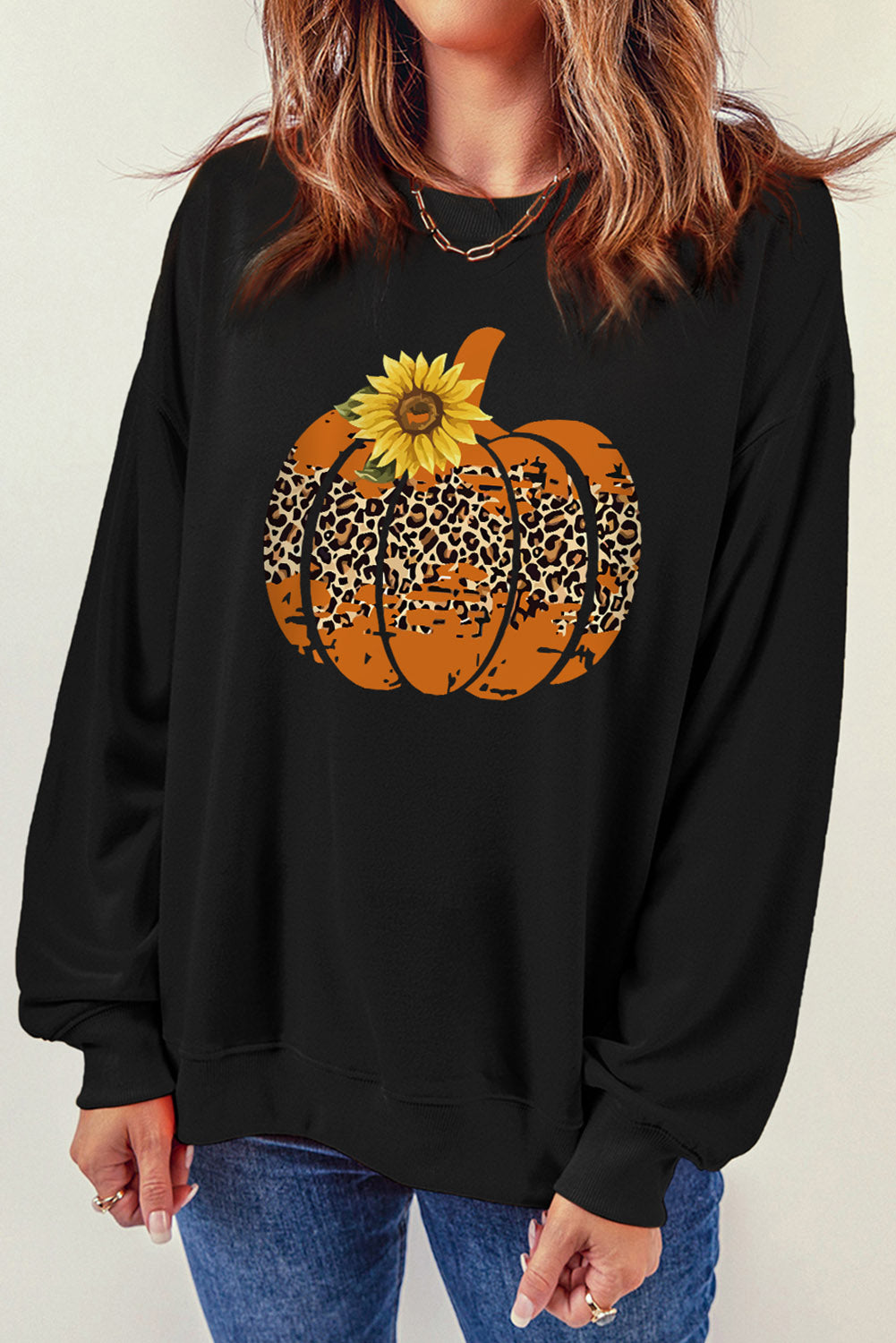 Black Leopard Pumpkin Sunflower Graphic Sweatshirt Graphic Sweatshirts JT's Designer Fashion