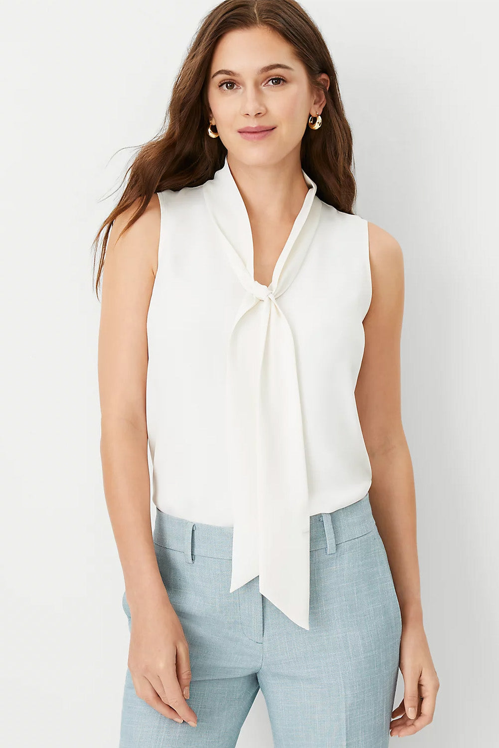 White Bow Tie V Neck Sleeveless Shirt Tank Tops JT's Designer Fashion