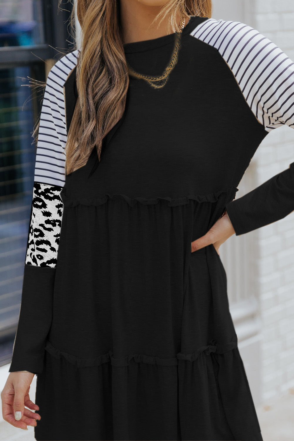 Black Striped Leopard Patchwork Long Sleeve Mini Dress Mini Dresses JT's Designer Fashion