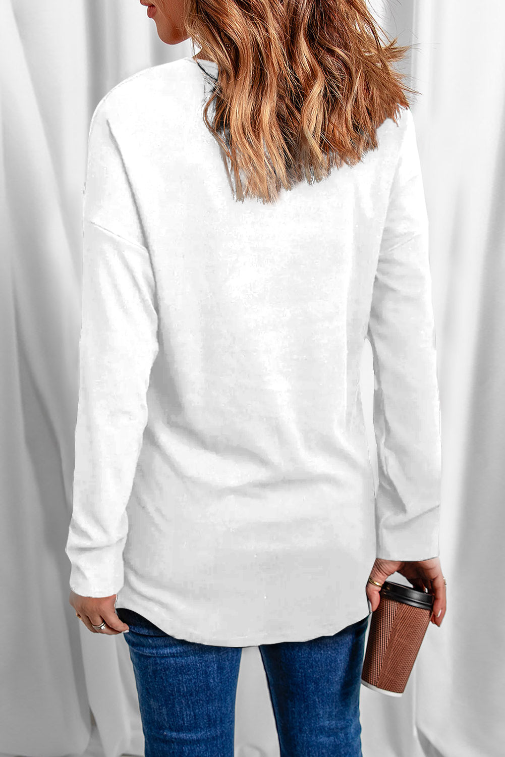 White Solid Color V Neck Long Sleeve Knit Top Long Sleeve Tops JT's Designer Fashion