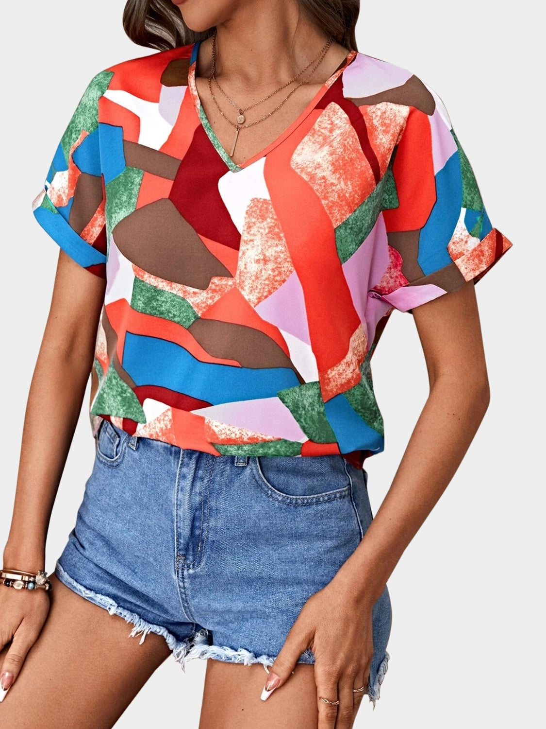 Printed V-Neck Short Sleeve Blouse Multicolor Blouses & Shirts JT's Designer Fashion