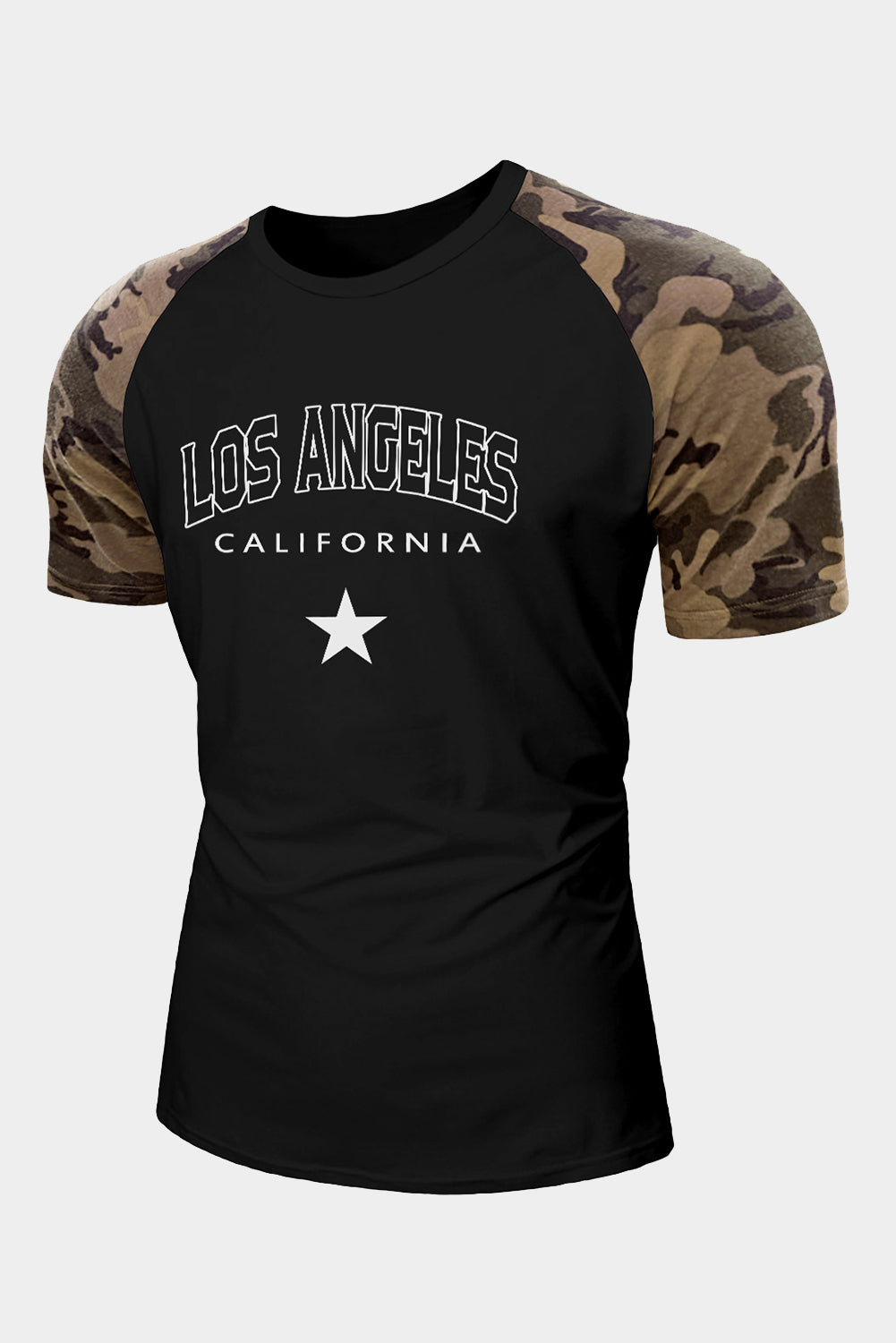 Black Men's LOS ANGELES Star Camo Print Raglan Sleeve Tee Black 65%Polyester+30%Cotton+5%Elastane Men's Tops JT's Designer Fashion