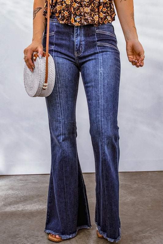 Blue Seamed Raw Hem Flare Jeans Jeans JT's Designer Fashion