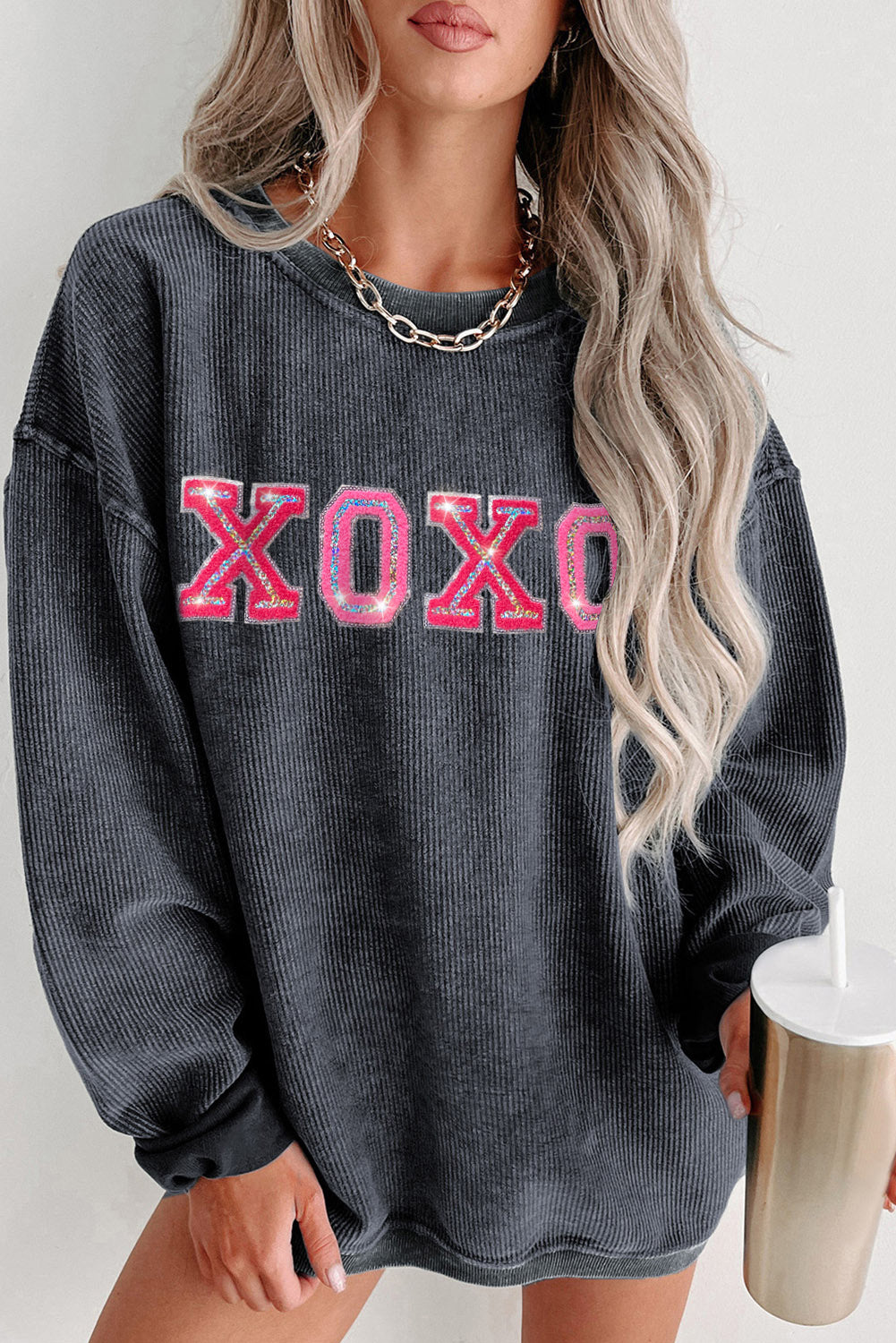 Gray Valentine Sequin XOXO Corded Crew Neck Sweatshirt Gray 100%Polyester Graphic Sweatshirts JT's Designer Fashion