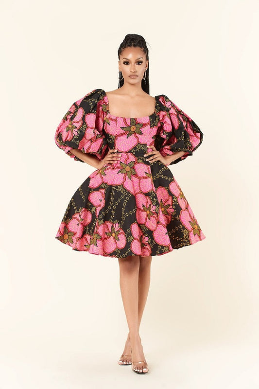 Pink and Black African Floral Dress Midi Dresses JT's Designer Fashion