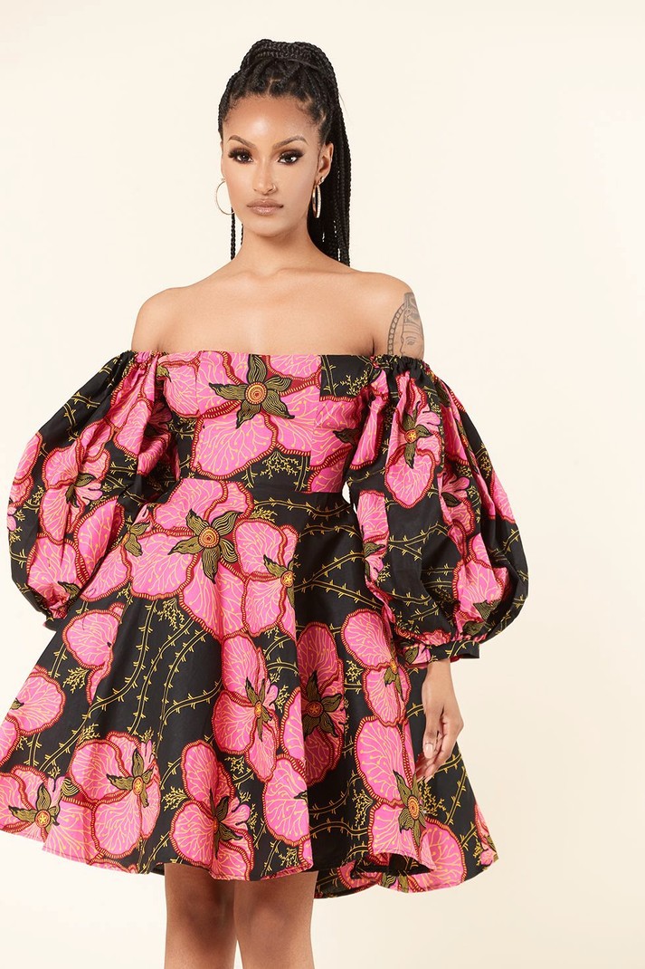 Pink and Black African Floral Dress Midi Dresses JT's Designer Fashion