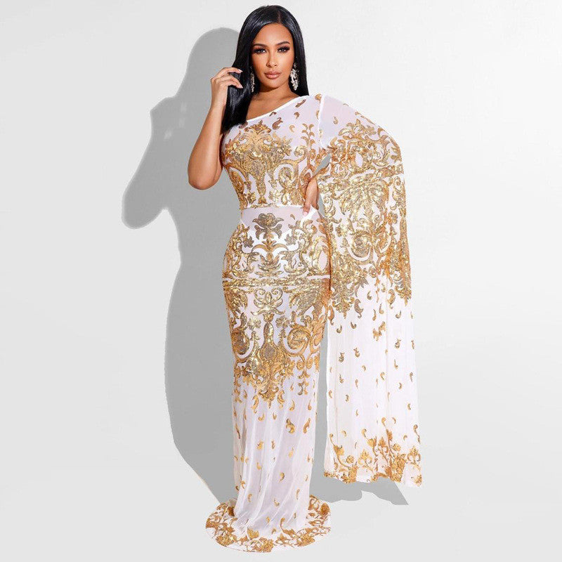 Women's See-Through One Shoulder Evening Gown with Sequins Gold Maxi Dresses JT's Designer Fashion