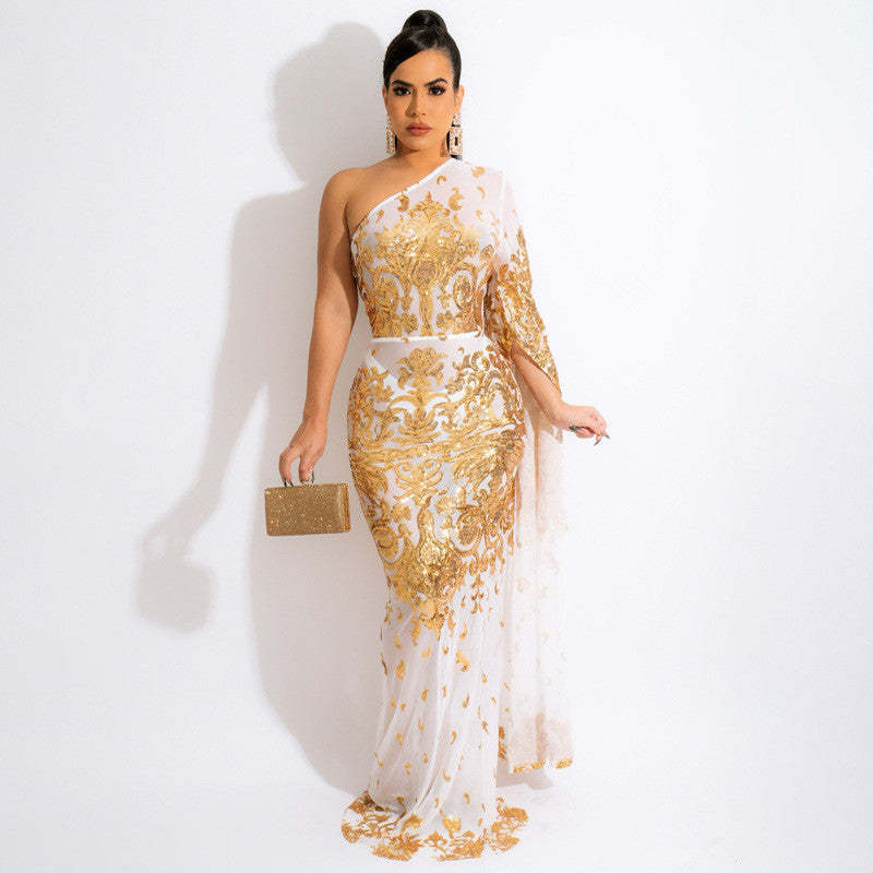 Women's See-Through One Shoulder Evening Gown with Sequins Maxi Dresses JT's Designer Fashion