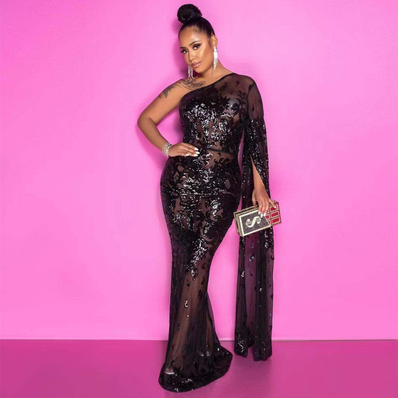 Plus Size See-Through One Shoulder Evening Gown with Sequins Maxi Dresses JT's Designer Fashion