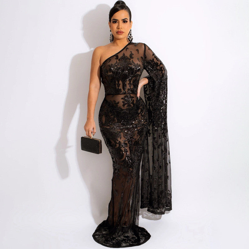 Women's See-Through One Shoulder Evening Gown with Sequins Maxi Dresses JT's Designer Fashion