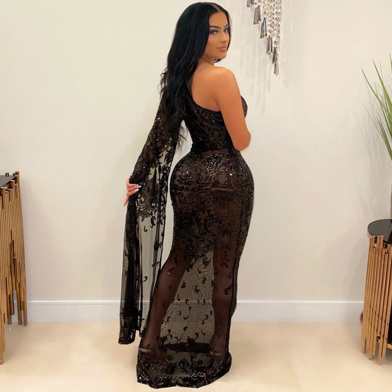 Plus Size See-Through One Shoulder Evening Gown with Sequins Maxi Dresses JT's Designer Fashion