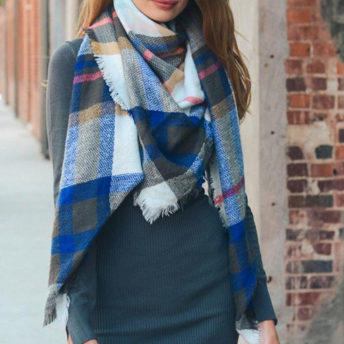 Warm & Sophisticated Trendy Blanket Scarfs Blue/White Sq Scarves JT's Designer Fashion